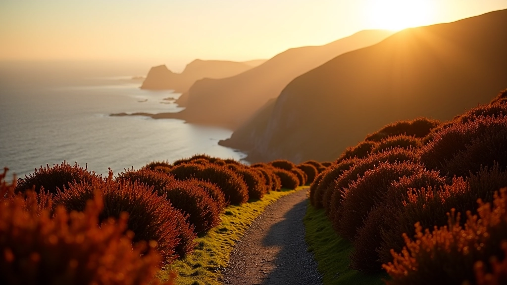 Autumn landscape with golden light, colorful foliage, and a coastal hiking path with ocean backdrop