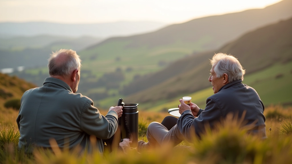 Senior hikers taking break on mountain trail with flask and snacks