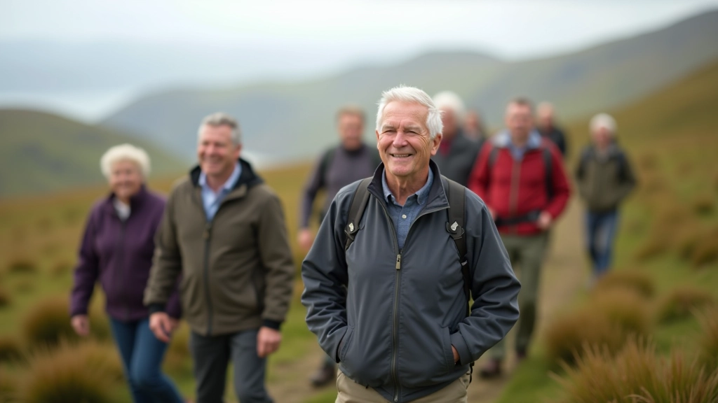 Group of seniors aged 60-70 hiking together on a coastal trail, enjoying outdoor community activity