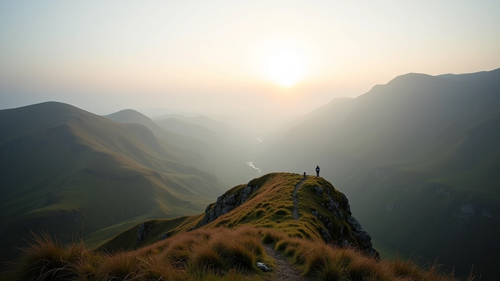 Misty morning view from mountain viewpoint overlooking valleys and coastal terrain