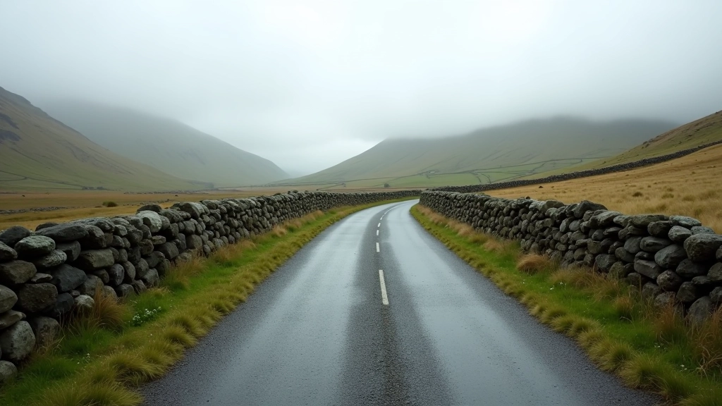 Rural Irish countryside road leading to hiking trailhead, stone walls on either side, Donegal landscape, overcast sky, authentic hiking location