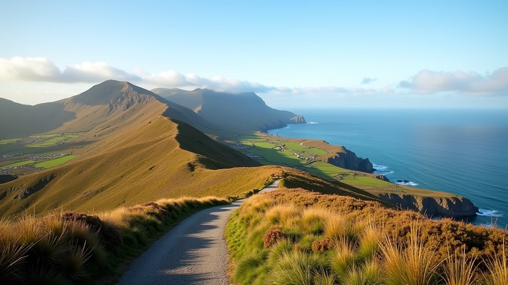 Scenic Donegal mountain landscape with hiking trail and distant ocean
