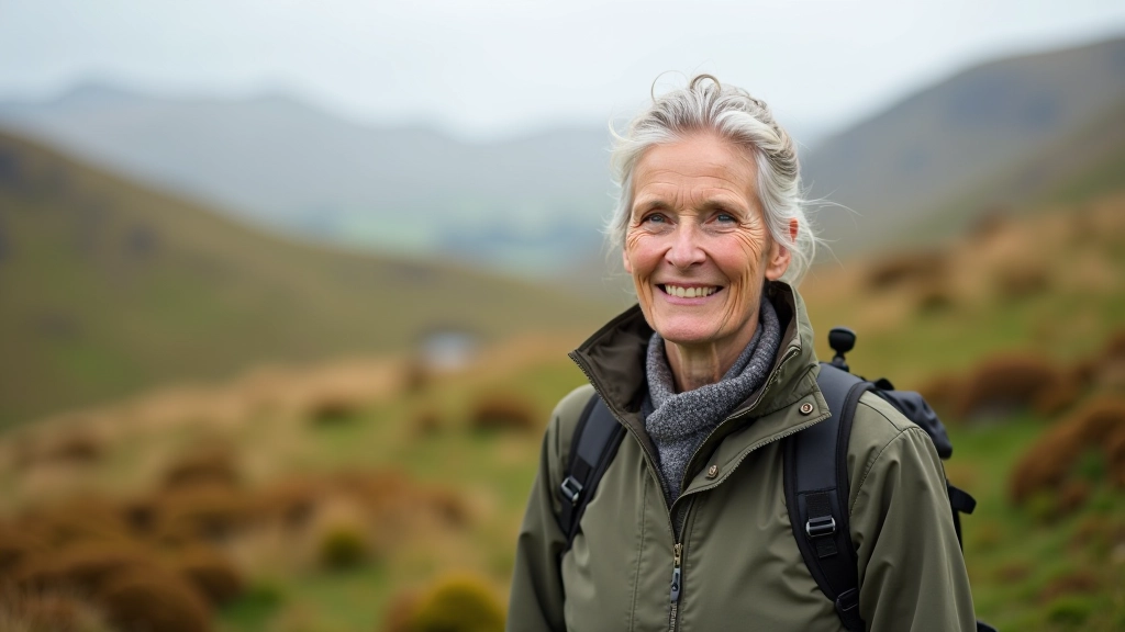 Older adult on hiking trail wearing comfortable outdoor clothing and sturdy walking boots