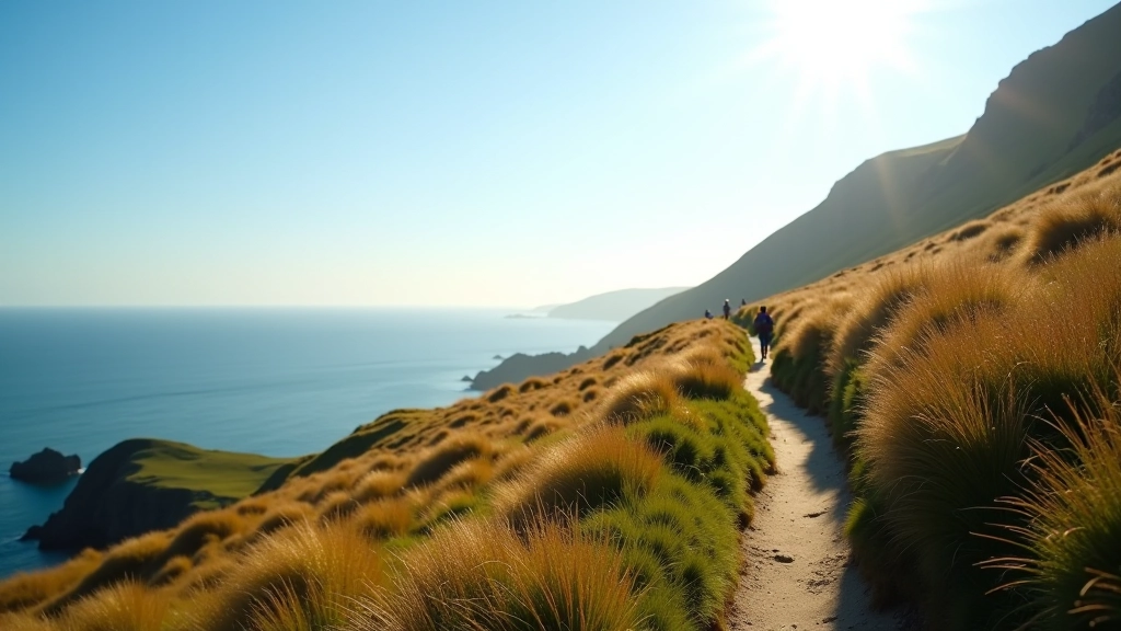 Summer hikers on a sunny coastal trail with clear blue sky and calm ocean waters