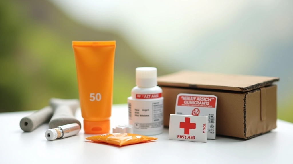Sunscreen, first aid supplies, and safety items for hiking